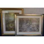 2 framed limited edition prints with indistinct signatures depicting forest scene & snow scene