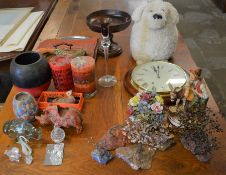 Various ornaments, wall clock, candles, soft dog door stop, Edwardian crumb tray etc (2 boxes)