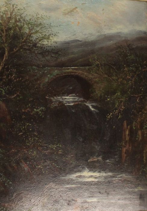 Gilt framed oil on board depicting stone bridge over a racing stream 63cm x 73cm