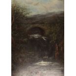 Gilt framed oil on board depicting stone bridge over a racing stream 63cm x 73cm