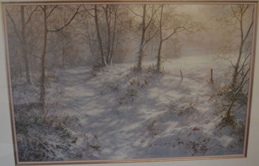 2 framed limited edition prints with indistinct signatures depicting forest scene & snow scene - Image 2 of 3