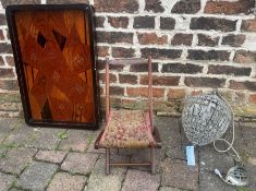 Victorian child's folding chair, Rutland Lighting light fitting and a lacquered Art Deco marquetry