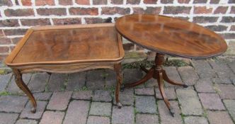 2 mahogany side tables - rectangular with carved legs and oval inlaid table with lion feet castors