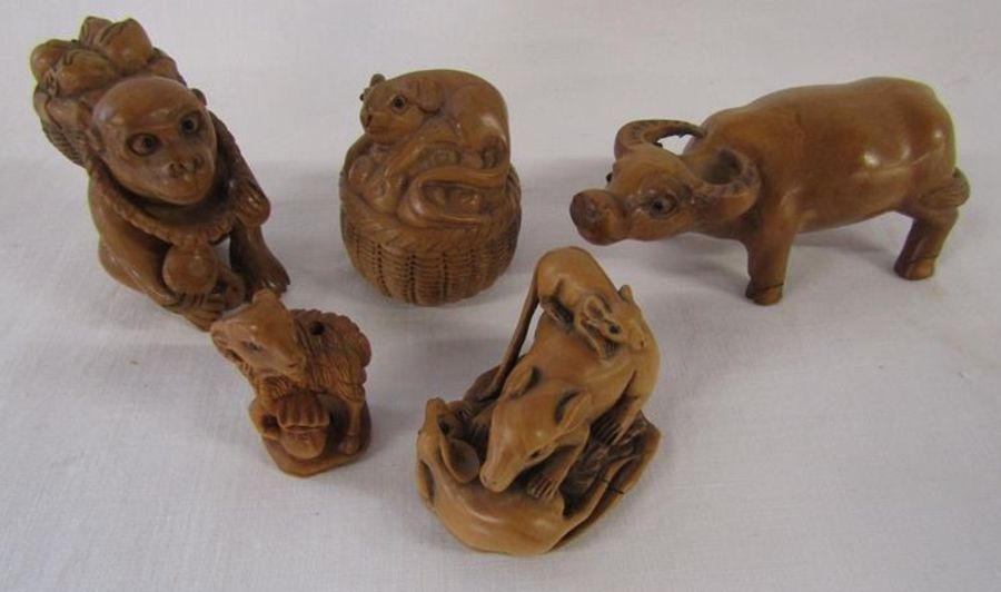 5 Wooden netsuke - monkey, mice, goat and water buffalo,