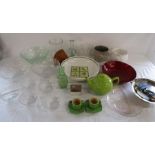 Collection of items includes glass dishes, green teapot, coffee cups and saucers, plant pots etc
