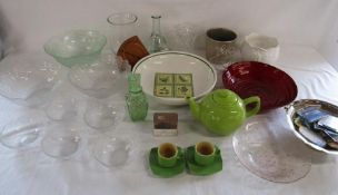 Collection of items includes glass dishes, green teapot, coffee cups and saucers, plant pots etc