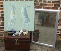 Tin trunk, large hare canvas print approx. 86cm x 85cm, silver framed wall mirror approx. 103.5cm