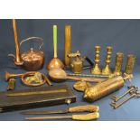 Selection of copper & brass including shell case, kettle, posher, 2 x horns, Pyrene fire
