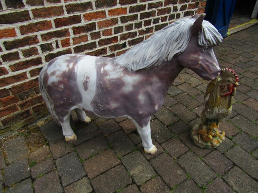 Fibre glass pony (with damage) - H95cm and cockerel with chicks garden feature - H63cm - Image 3 of 3