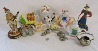 Collection of novelty teapots, circus clown figure by Leonardo, Lady figurine and some silver plate