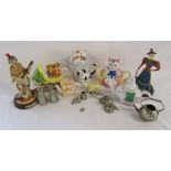 Collection of novelty teapots, circus clown figure by Leonardo, Lady figurine and some silver plate