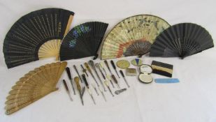 Collection of fans, boot hooks and powder compacts - one marked Yardley
