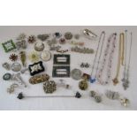 Collection of costume jewellery includes buckles, brooches, pearl necklace, earrings, mussel
