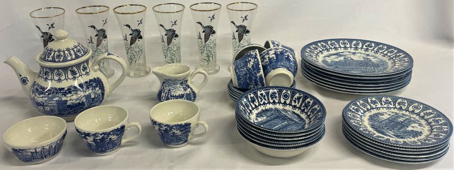 1977 blue and white Jubilee tea service and 6 flying duck glasses