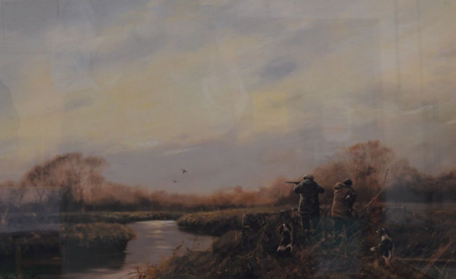 Large framed limited edition print by John Trickett of a wildfowl shooting scene. 82cm by 60cm