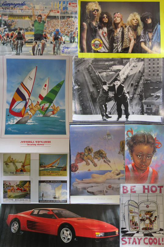 Collection of 9 wall posters - Guns & Roses, Campagnola Stephen Roche, Freecheese company 'Be hot