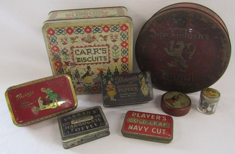 Collection of tins - Carr's Biscuits, Mackintosh's Royal De Luxe, Farrah's Toffee, Thorne's, Players