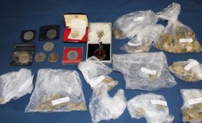 Selection of 20th century GB coins including threepence pieces, £2 coin, £5 coins, enamelled Jubilee