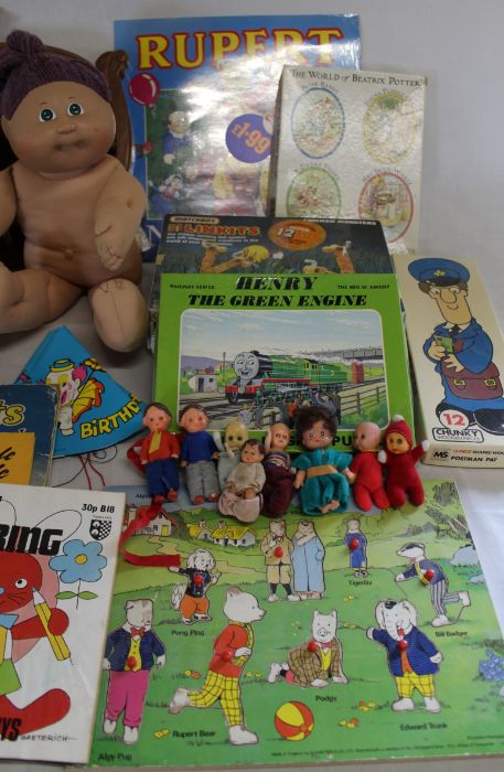 Selection of vintage toys including Cabbage Patch doll, Rupert Nutwood Chums record, wooden jigsaw - Image 2 of 3