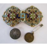 Enamelled nurse style belt buckle, St Johns Ambulance pin badge and Edward and Alexandra 1901 coin