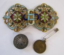 Enamelled nurse style belt buckle, St Johns Ambulance pin badge and Edward and Alexandra 1901 coin