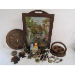 Collection of items includes - tapestry fire screen, wooden barrel lid wall clock, stone African