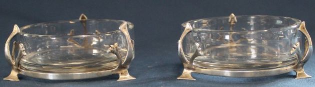 Pair of glass butter dishes in silver stands London 1902 possibly Asprey & Co