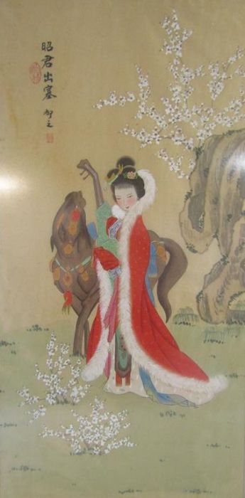 Framed Chinese silk painting depicting a horse and lady possibly Zhaojun - approx. 90cm x 52cm