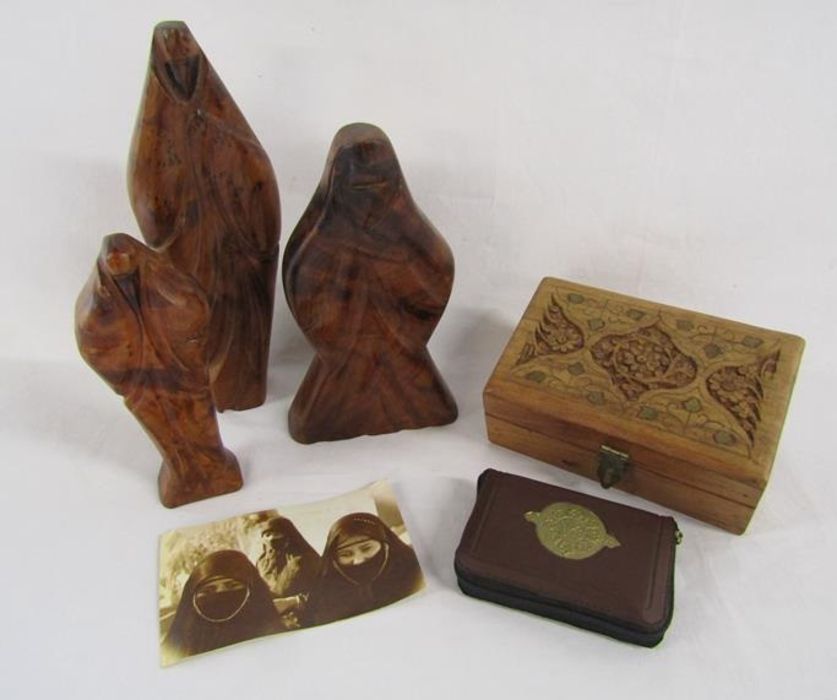 Wooden box with miniature Quran and 3 wooden Islamic dressed figures