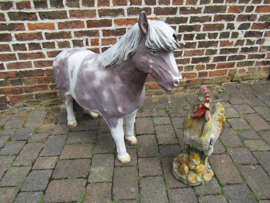Fibre glass pony (with damage) - H95cm and cockerel with chicks garden feature - H63cm