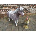 Fibre glass pony (with damage) - H95cm and cockerel with chicks garden feature - H63cm