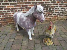 Fibre glass pony (with damage) - H95cm and cockerel with chicks garden feature - H63cm