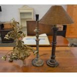 2 table lamps & a brass ceiling light with 9 branches