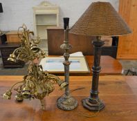2 table lamps & a brass ceiling light with 9 branches