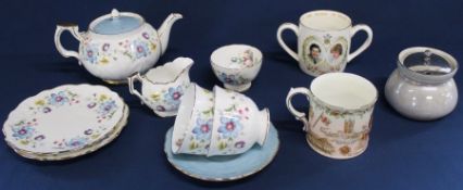 Aynsley tea for two set (one saucer missing) decorated with blue floral pattern no. 2838, Queen