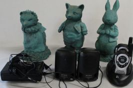 3 resin Beatrix Potter garden figures, Sony Walkman & speakers and Binatone Latitude 150 Private