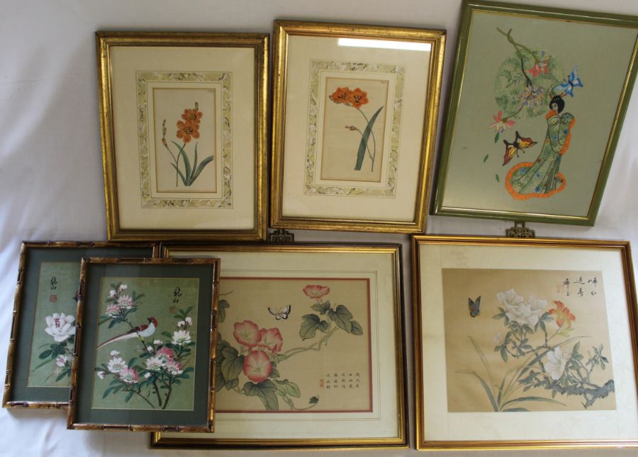 Pair of framed Chinese paintings on silk, pair of framed hand coloured Botanical prints, Oriental