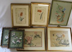 Pair of framed Chinese paintings on silk, pair of framed hand coloured Botanical prints, Oriental