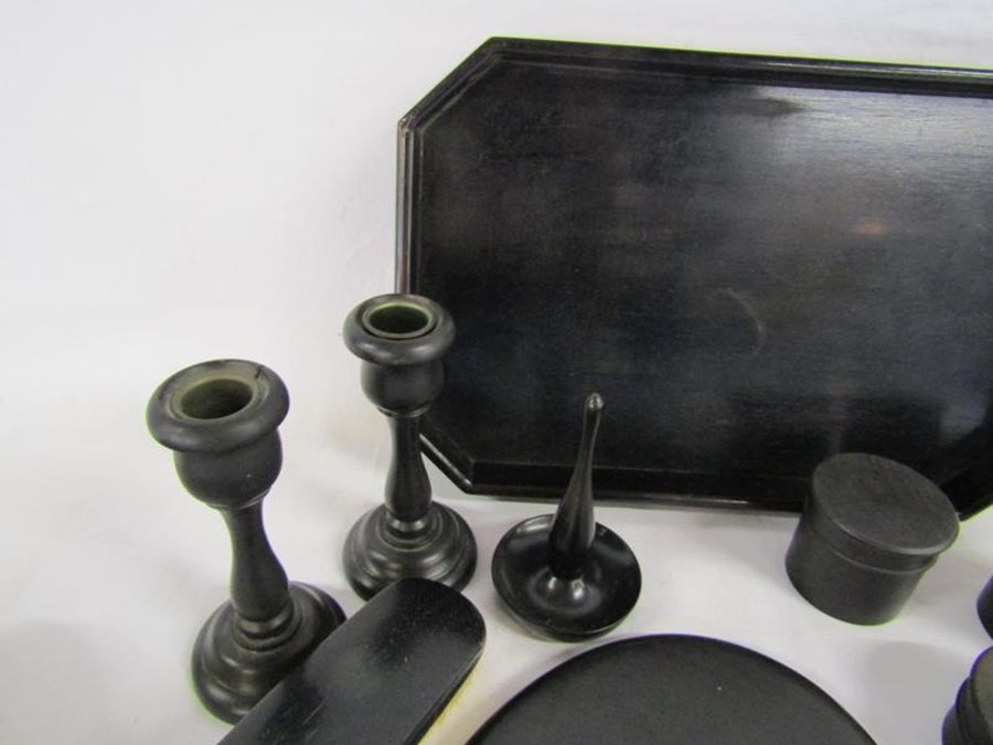 Ebony dressing table collection - includes nail care kit, brushes, candlesticks, pots etc - Image 4 of 9