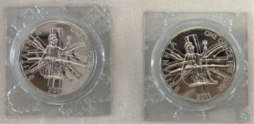 2 x Royal Mint £2 one ounce Britannia silver coins 2011