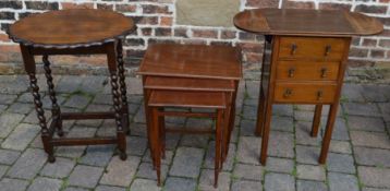 Drop leaf work table, nest of three Edwardian inlaid tables & oak occasional table with barley twist