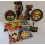 Bass & Kimberley ales trays, wooden African wall figures, brass chestnut warmer, Dandy, Beano and