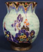 Crown Devon Mattajade Fairy Castle vase c.1930s, with a turreted castle on a mountain top,