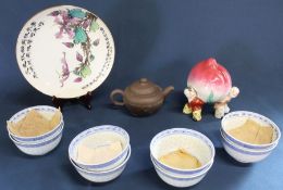 8 Chinese blue & white rice bowls, Chinese porcelain figure of three boys carrying a peach, Tao Fong