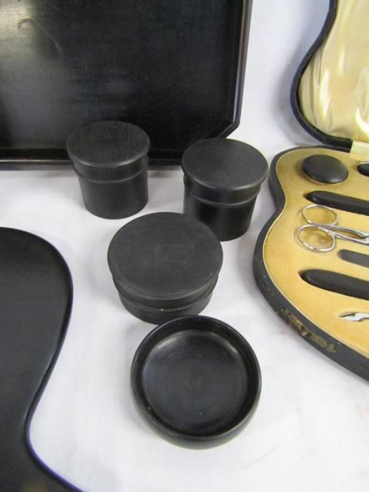 Ebony dressing table collection - includes nail care kit, brushes, candlesticks, pots etc - Image 5 of 9