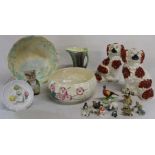 Maling lustre bowl, pair of Staffordshire dogs, Avon Ware spiders web bowl, Royal Doulton Snowman