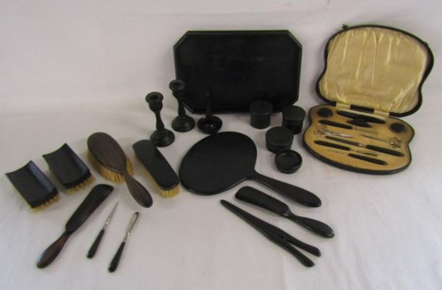 Ebony dressing table collection - includes nail care kit, brushes, candlesticks, pots etc