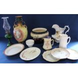 Spode's Royal Jasmine plate & 1 other, 3 blushware type plates, Crown Devon jugs, jardiniere, toilet