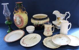 Spode's Royal Jasmine plate & 1 other, 3 blushware type plates, Crown Devon jugs, jardiniere, toilet