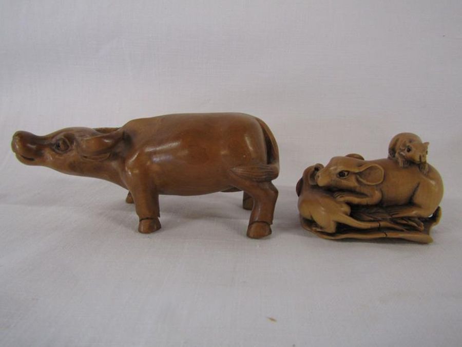 5 Wooden netsuke - monkey, mice, goat and water buffalo, - Image 2 of 5